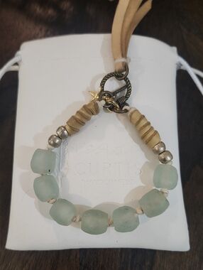Sea Glass Bead Bracelet in Pale Aqua with Leather Accents